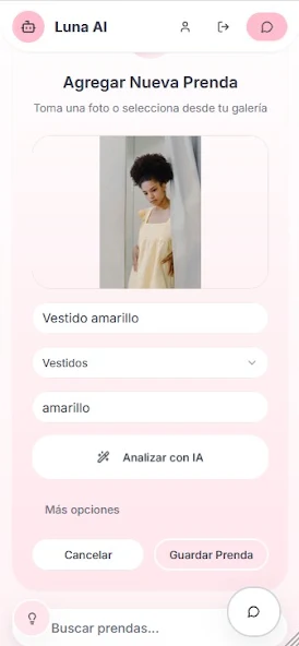 Pantalla Agregar nueva prenda con el botón Analizar con IA