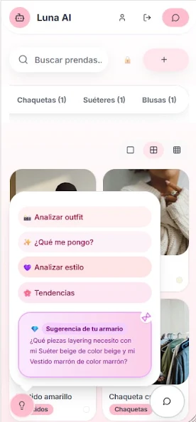 Menú de IA de Luna con Analizar outfit, Qué me pongo, Analizar estilo y Tendencias