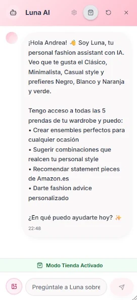 Chat con Luna, la asistente de moda con IA, en modo tienda