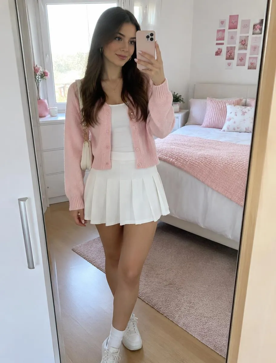 Chica haciéndose una foto de su outfit rosa y blanco frente al espejo