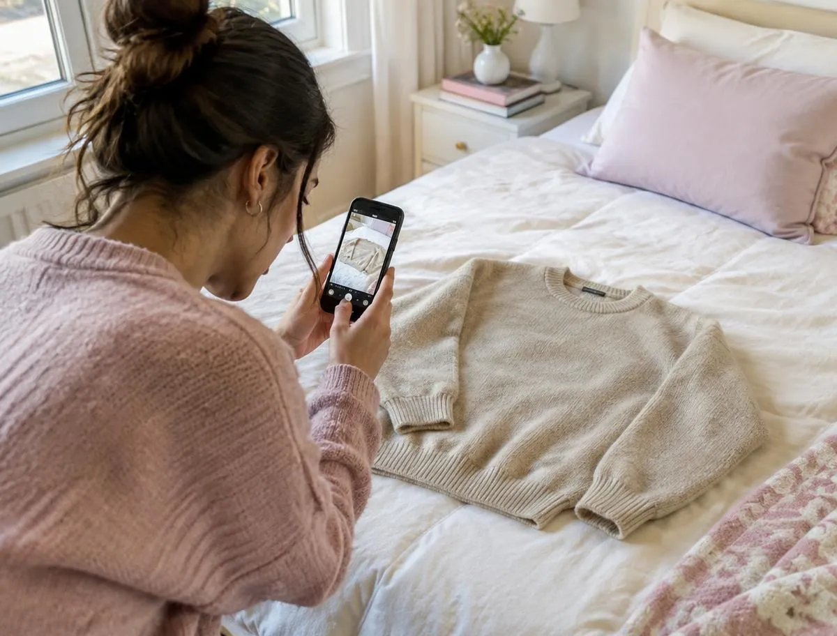 Chica fotografiando un jersey beige sobre la cama para subirlo a su armario digital