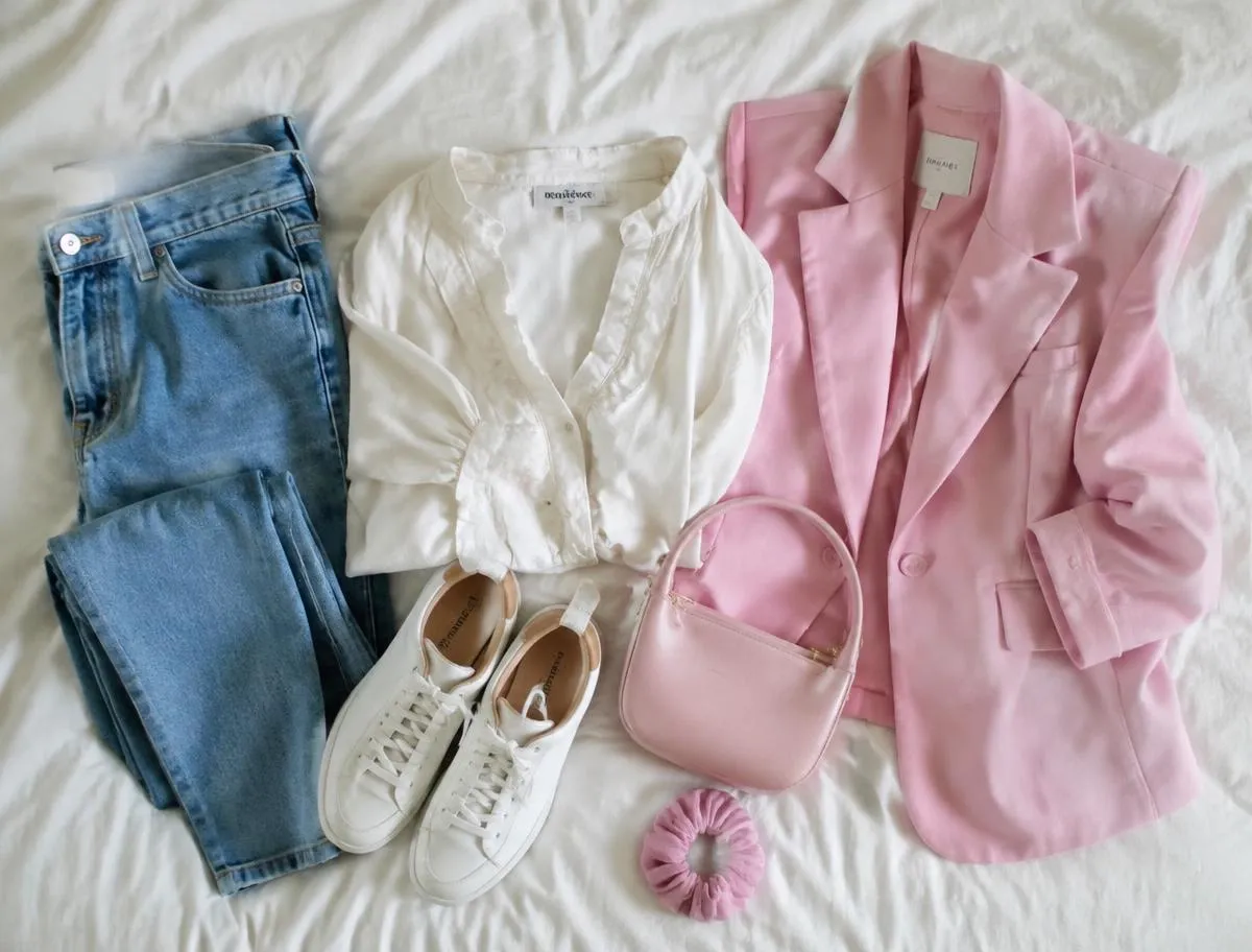 Ropa extendida sobre la cama: vaqueros, blusa blanca, blazer rosa y zapatillas