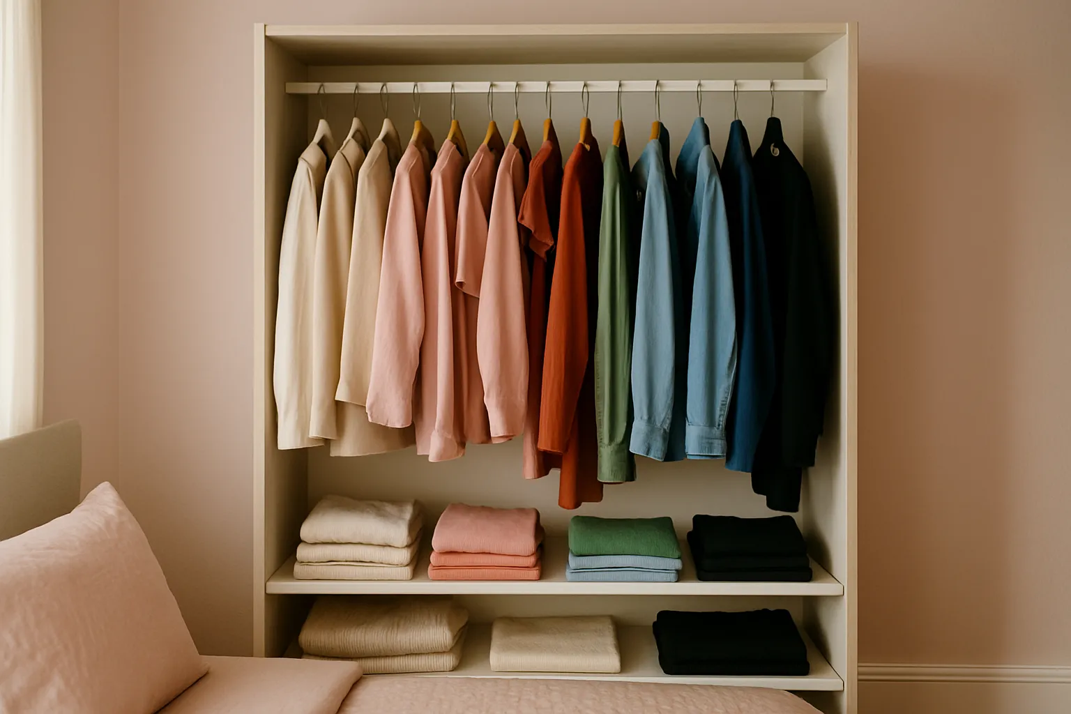 Armario organizado con ropa clasificada por colores en tonos pastel, neutros y oscuros