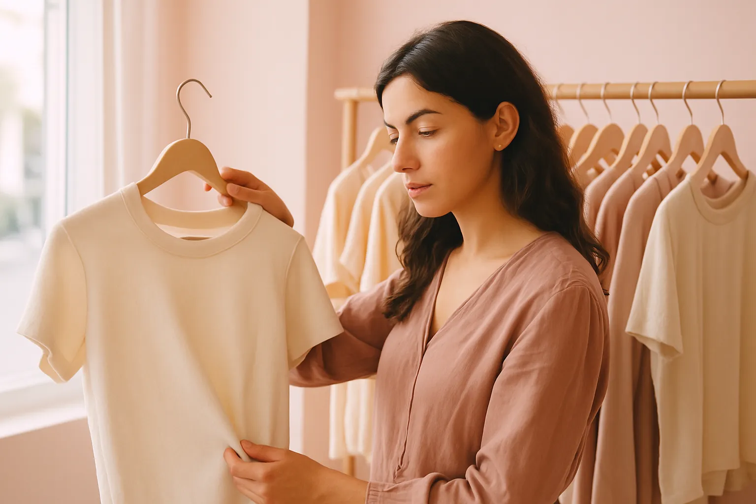 Mujer eligiendo una prenda de algodón orgánico en una tienda de moda sostenible