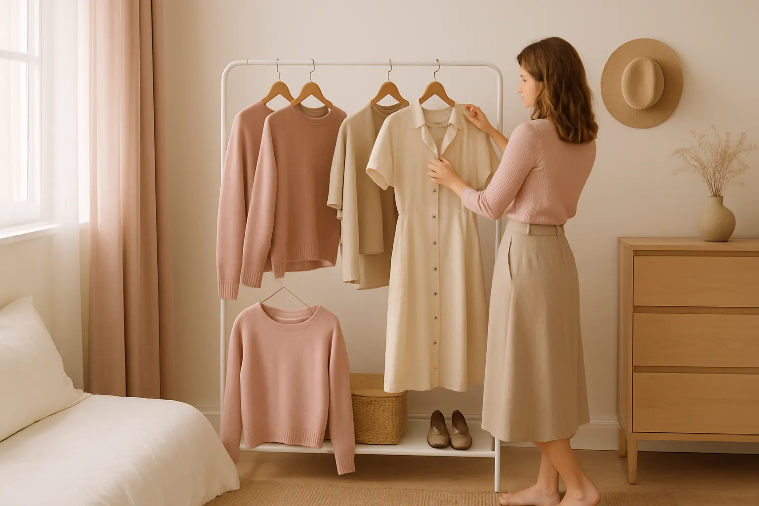 Mujer organizando su armario y creando nuevos looks con prendas que ya tiene