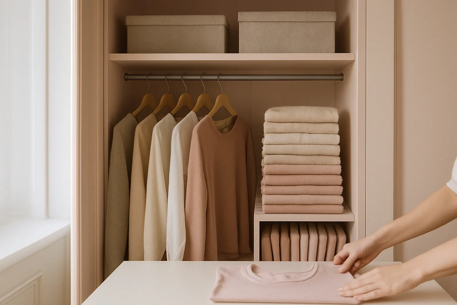 Armario organizado con ropa doblada verticalmente y prendas colgadas en perchas