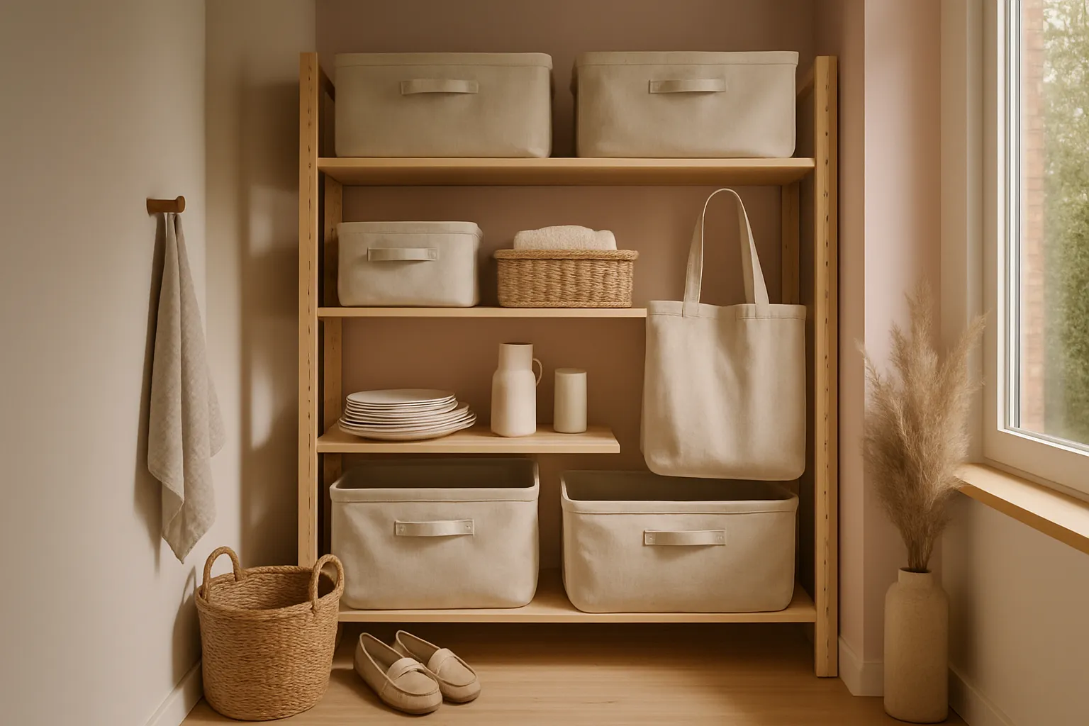 Espacio de almacenamiento pequeño organizado con estanterías modulares y cestas en tonos rosa pastel