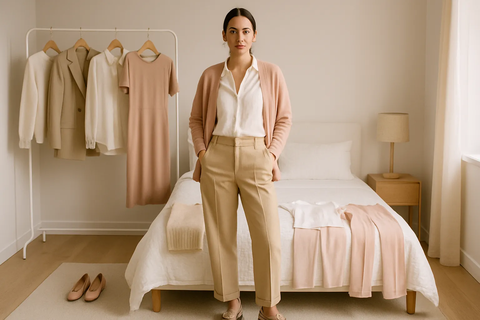 Mujer con un look minimalista y versátil en tonos neutros y rosa pastel junto a un armario cápsula